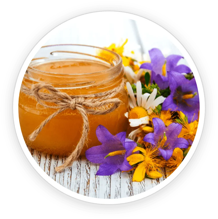 Raw wildflower honey in a jar with blossoms