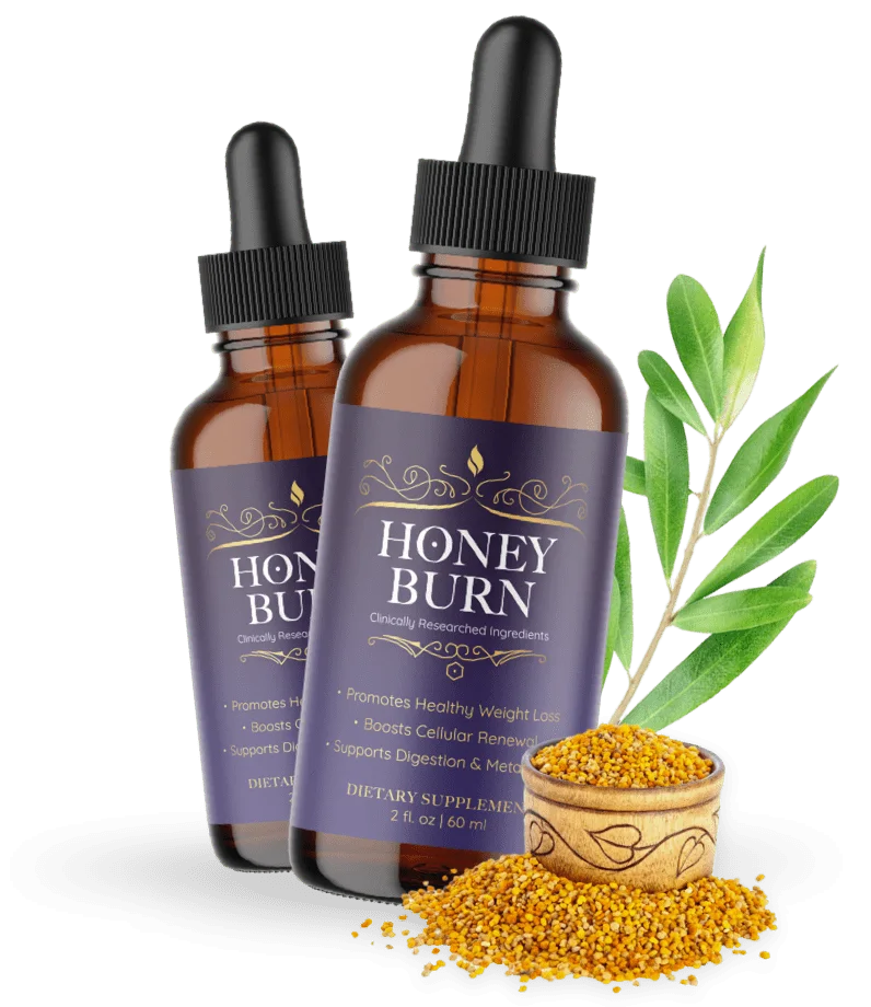 Honey Burn twin-pack of purple honey weight drops with bee pollen and olive leaf