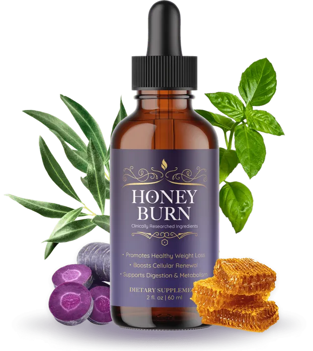 Honey Burn purple honey supplement bottle, a simple daily liquid for weight management